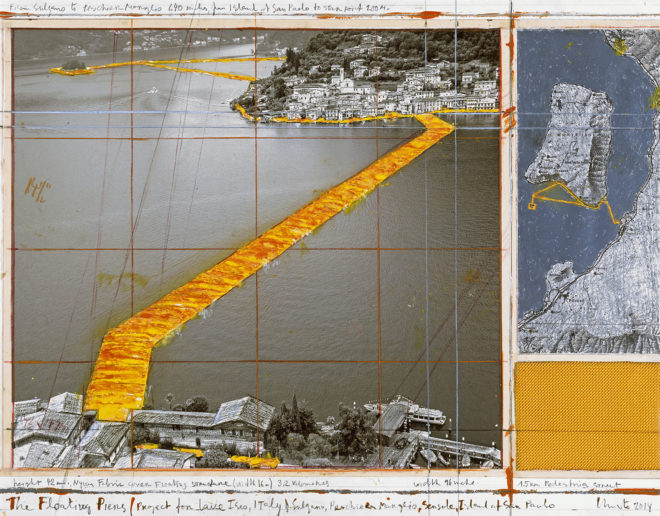 Floating Piers, floating walkway, floating docks, Christo, Jeanne-Claude, art installation, art, art project, project, Italy, Lake Iseo, fabric, yellow fabric, cubes, poly-ethylene cubes, collage