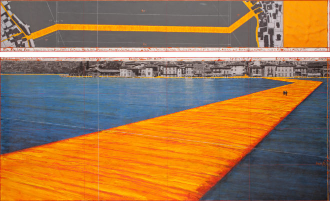 Floating Piers, floating walkway, floating docks, Christo, Jeanne-Claude, art installation, art, art project, project, Italy, Lake Iseo, fabric, yellow fabric, cubes, poly-ethylene cubes, collage