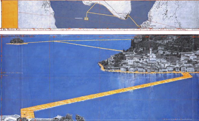 Floating Piers, floating walkway, floating docks, Christo, Jeanne-Claude, art installation, art, art project, project, Italy, Lake Iseo, fabric, yellow fabric, cubes, poly-ethylene cubes, collage