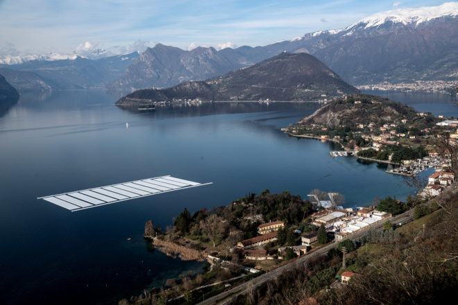 Floating Piers, floating walkway, floating docks, Christo, Jeanne-Claude, art installation, art, art project, project, Italy, Lake Iseo, fabric, yellow fabric, cubes, poly-ethylene cubes, collage