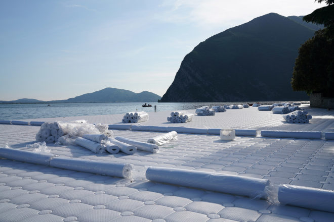 Floating Piers, floating walkway, floating docks, Christo, Jeanne-Claude, art installation, art, art project, project, Italy, Lake Iseo, fabric, yellow fabric, cubes, poly-ethylene cubes, collage