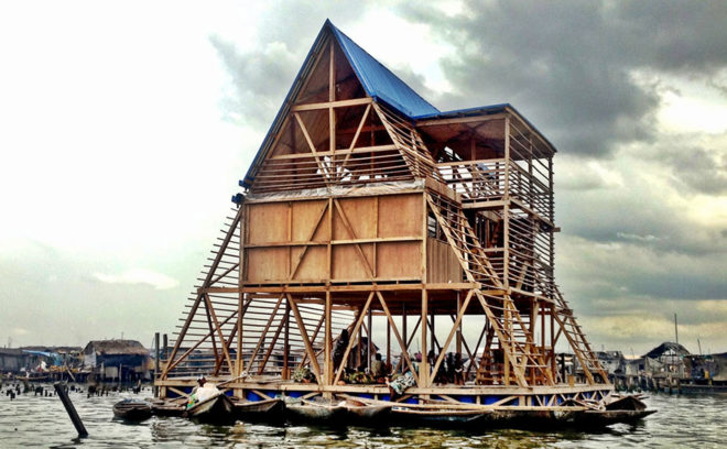 Makoko Floating School, floating pavilion, flood-proof building, prefab school, Africa, prefab, Kunlé Adeyemi | NLÉ, Venice Architecture Biennale, green architecture, disaster-proof building, flooding, waterfront