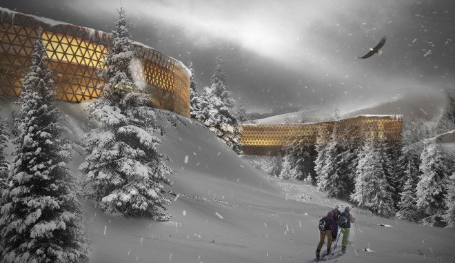 Beskid Mountain, Serpent-shaped hotel, low ecological footprint, coiling serpent hotel, Beskid Mountain Hotel, Beskidy Hotel, dd Architekci, Polish green design, timber hotel shaped like a serpent