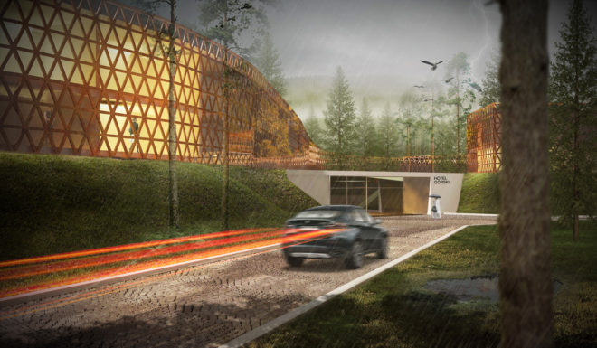 Beskid Mountain, Serpent-shaped hotel, low ecological footprint, coiling serpent hotel, Beskid Mountain Hotel, Beskidy Hotel, dd Architekci, Polish green design, timber hotel shaped like a serpent