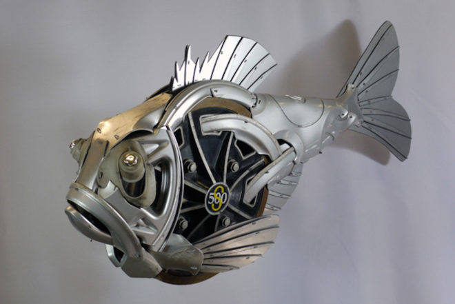 Hubcap creatures by Ptolemy Elrington, hubcap sculpture, recycled hubcaps, upcycled hubcaps. hubcap animal sculptures