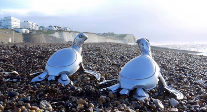Hubcap creatures by Ptolemy Elrington, hubcap sculpture, recycled hubcaps, upcycled hubcaps. hubcap animal sculptures