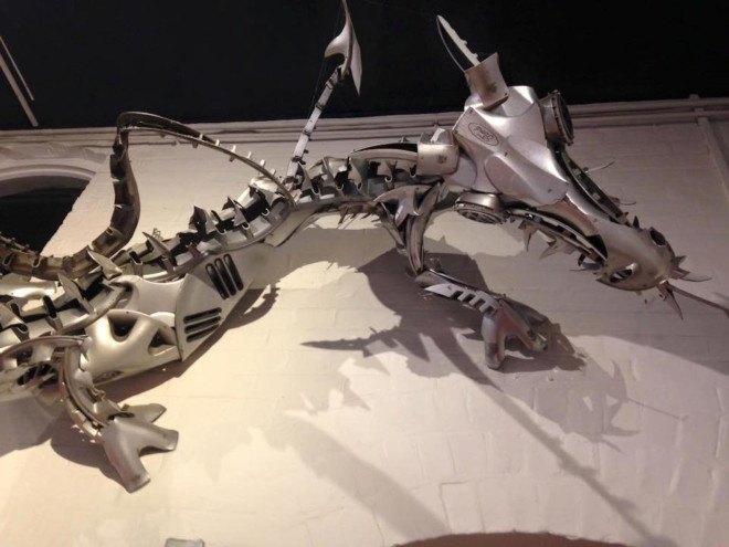 Hubcap creatures by Ptolemy Elrington, hubcap sculpture, recycled hubcaps, upcycled hubcaps. hubcap animal sculptures