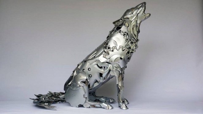 Hubcap creatures by Ptolemy Elrington, hubcap sculpture, recycled hubcaps, upcycled hubcaps. hubcap animal sculptures