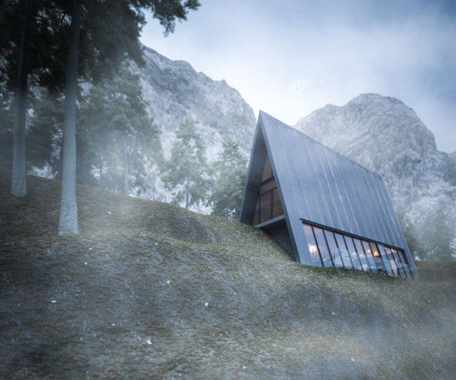 Matthias Arndt, art, design concept, triangle cliff house, germany, cliffside homes, mountain cabin, design challenge, balcony, mountain views, floor-to-ceiling windows