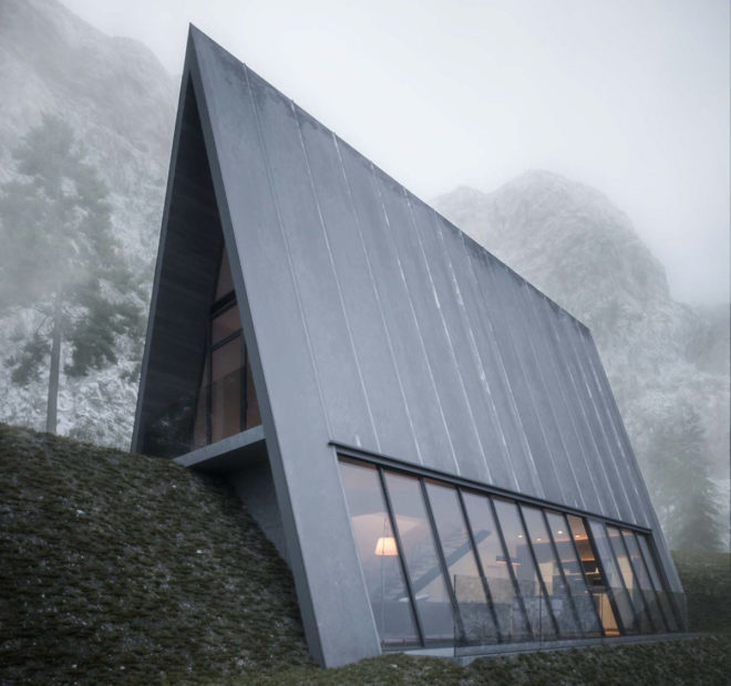Matthias Arndt, art, design concept, triangle cliff house, germany, cliffside homes, mountain cabin, design challenge, balcony, mountain views, floor-to-ceiling windows