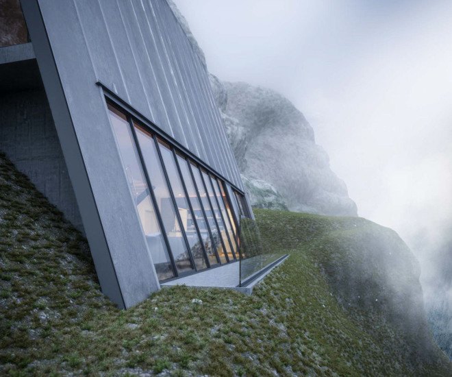 Matthias Arndt, art, design concept, triangle cliff house, germany, cliffside homes, mountain cabin, design challenge, balcony, mountain views, floor-to-ceiling windows
