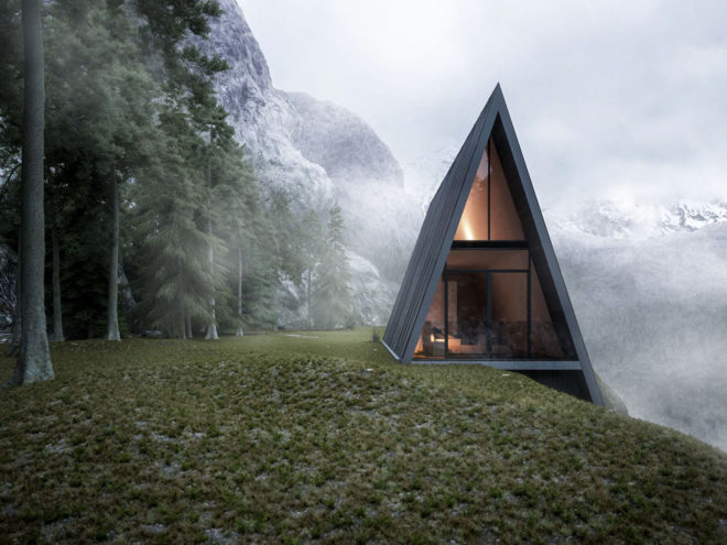Matthias Arndt, art, design concept, triangle cliff house, germany, cliffside homes, mountain cabin, design challenge, balcony, mountain views, floor-to-ceiling windows
