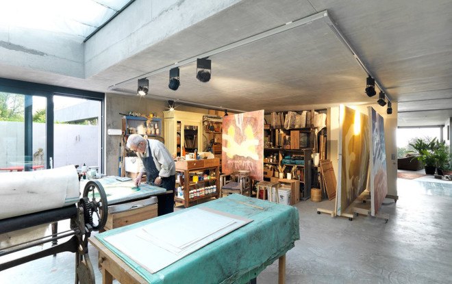 Outhouse, green roof, England, artist's studio, light wells, Loyn & Co Architects , green architecture, concrete pavilion