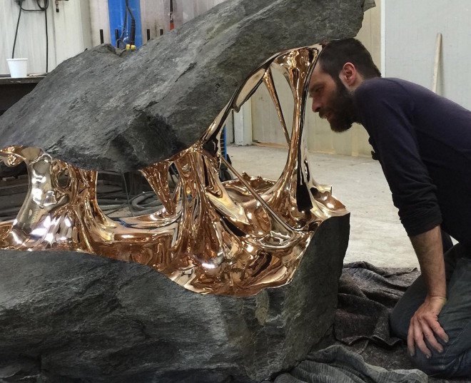 Romain Langlois sculptures, Romain Langlois bronze sculptures, bronze and boulders,