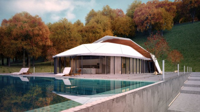 Shell House, Kazakhstan, Damir Ussenov, Lenz Architects, aluminium, green architecture, floor to ceiling windows, swimming pool, natural light