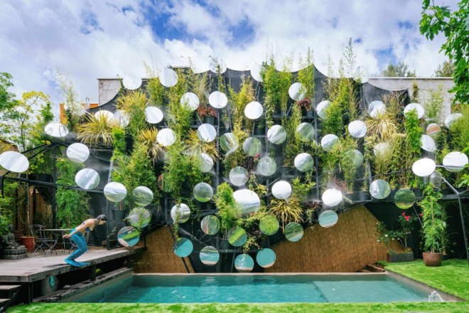 Manuel Ocaña, spain, pool, infinity pool, brick wall, green wall, mirrors, outdoor mirrors, concave mirrors, vegetation, landscape design, vertical garden, living wall