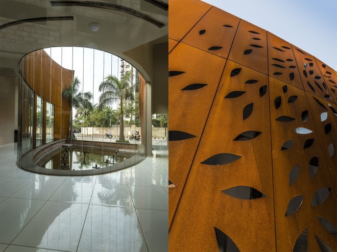 The Crescent by Sanjay Puri Architects, solar savvy architecture, curvaceous Corten Steel building, Corten Steel architecture, Corten steel office building, office design in India,
