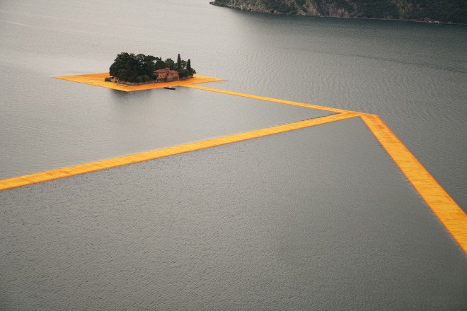 The Floating Piers by Christo, Floating Piers in Lake Iseo, Floating Piers in Italy, large scale art by Christo, temporary large scale art installation