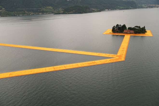 The Floating Piers by Christo, Floating Piers in Lake Iseo, Floating Piers in Italy, large scale art by Christo, temporary large scale art installation