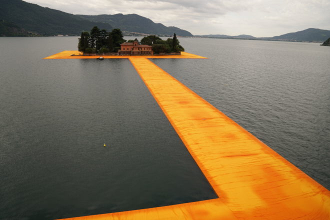 The Floating Piers by Christo, Floating Piers in Lake Iseo, Floating Piers in Italy, large scale art by Christo, temporary large scale art installation