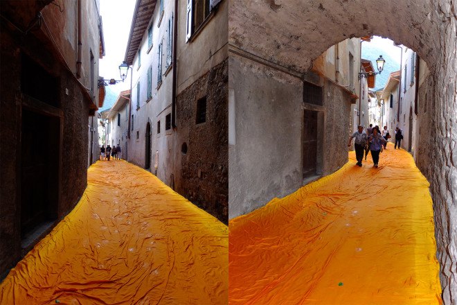 The Floating Piers by Christo, Floating Piers in Lake Iseo, Floating Piers in Italy, large scale art by Christo, temporary large scale art installation