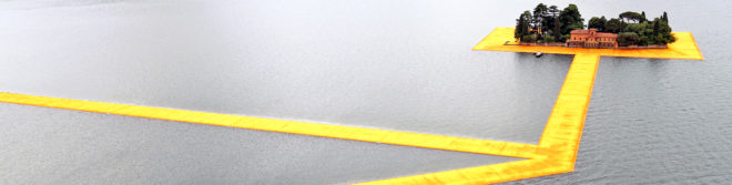 The Floating Piers by Christo, Floating Piers in Lake Iseo, Floating Piers in Italy, large scale art by Christo, temporary large scale art installation