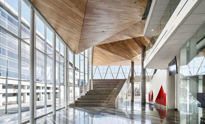 Maison des étudiants de l’École de technologie supérieure, Montreal, atrium, Canada, educational facilities, LEED Silver certification, mixed-use, green architecture, built-in furniture, glass facade, Menkès Shooner Dagenais LeTourneux Architectes