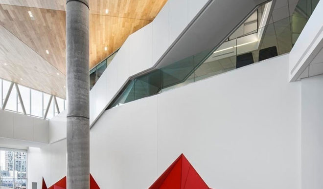 Maison des étudiants de l’École de technologie supérieure, Montreal, atrium, Canada, educational facilities, LEED Silver certification, mixed-use, green architecture, built-in furniture, glass facade, Menkès Shooner Dagenais LeTourneux Architectes