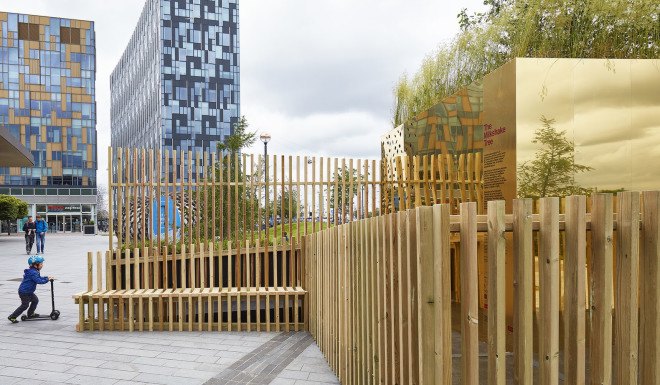 pH+ Architects, Milkshake Tree, temporary installation, London, pop-up space, green installation, London Center for Children with Cerebral Palsy (LCCCP), green design, rooftop garden, treehouse, timber
