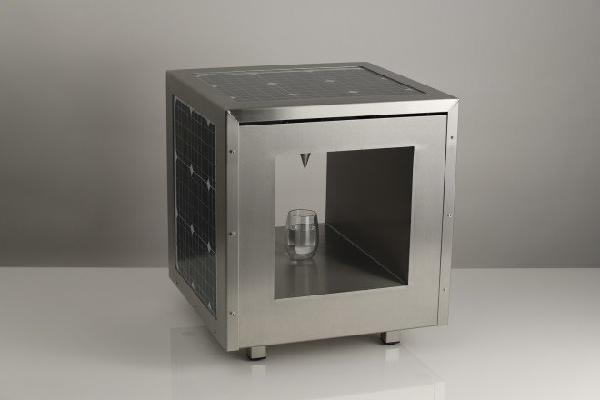 solar-powered WaterCube, Ap Verheggen, SunGlacier, solar-powered drinking water, solar cube drips fresh drinking water, stainless steel WaterCube, making drinking water from thin air, off-grid drinking water, solar water, water from sun and light