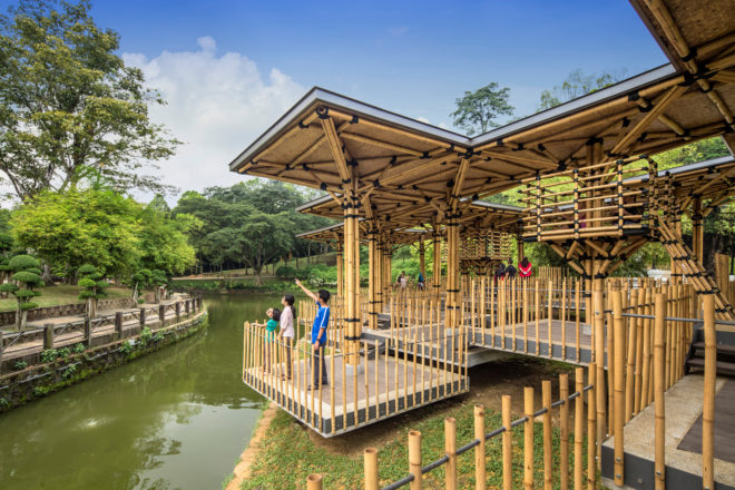 bamboo, bamboo playhouse, kuala lumpur, malaysia, malaysian architecture, elena jamil architect, marc tey, architecture, treehouse, wakaf, perdana botanical garden, community playhouse, park playhouse