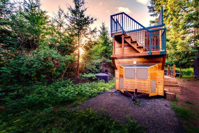 Basecamp, Backcountry Tiny Homes, Luke Orlando, Tina Orlando, tiny home, tiny homes, tiny house, tiny houses, wood, design, architecture, outdoors, deck, mountain climbing, tiny house deck, tiny home deck, tiny house design, tiny home design