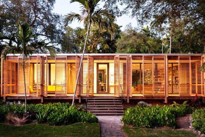 Brillhart Architecture, Breezy Miami home, Brillhart Residence, wooden shutters, crossed ventilation, open plan living, Dog Trot, American Glass Pavilion typology, Tropical Modernism