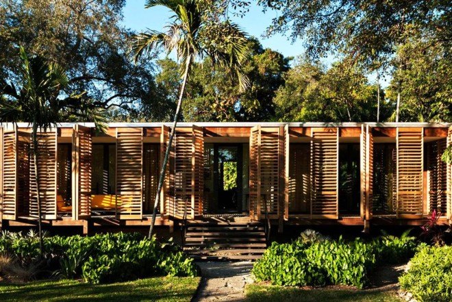 Brillhart Architecture, Breezy Miami home, Brillhart Residence, wooden shutters, crossed ventilation, open plan living, Dog Trot, American Glass Pavilion typology, Tropical Modernism