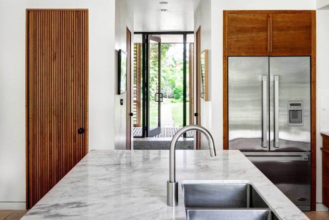 Brillhart Architecture, Breezy Miami home, Brillhart Residence, wooden shutters, crossed ventilation, open plan living, Dog Trot, American Glass Pavilion typology, Tropical Modernism