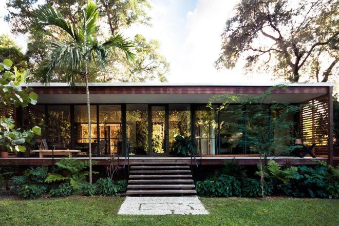 Brillhart Architecture, Breezy Miami home, Brillhart Residence, wooden shutters, crossed ventilation, open plan living, Dog Trot, American Glass Pavilion typology, Tropical Modernism