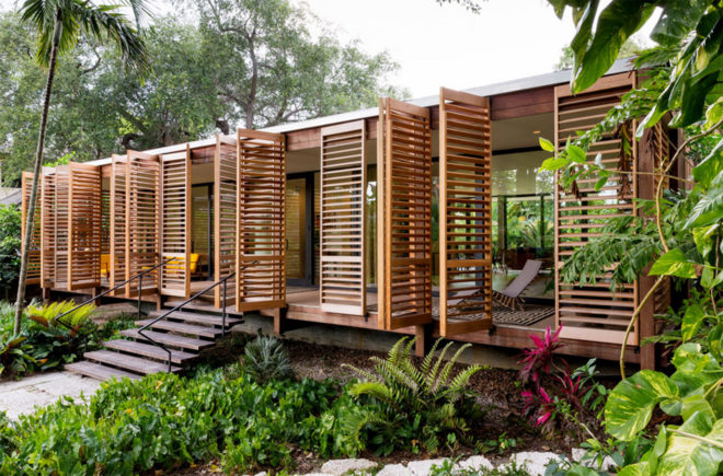 Brillhart Architecture, Breezy Miami home, Brillhart Residence, wooden shutters, crossed ventilation, open plan living, Dog Trot, American Glass Pavilion typology, Tropical Modernism