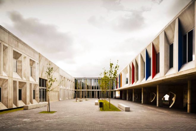 CVDB Arquitectos, Braamcamp Freire Secondary School, school renovation, Portugal, Modernization of Secondary Schools Programme, Pontinha, prefab concrete, splash of color