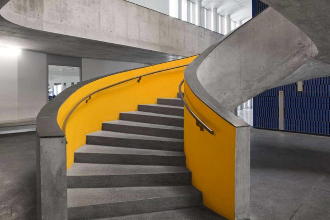 CVDB Arquitectos, Braamcamp Freire Secondary School, school renovation, Portugal, Modernization of Secondary Schools Programme, Pontinha, prefab concrete, splash of color