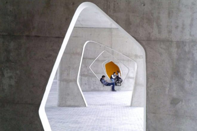 CVDB Arquitectos, Braamcamp Freire Secondary School, school renovation, Portugal, Modernization of Secondary Schools Programme, Pontinha, prefab concrete, splash of color
