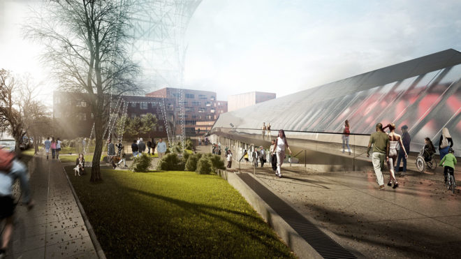 Denny Substation, Seattle, NBBJ, clean energy, substation, wind power, hydroelectric energy, renewable energy sources, green architecture, green infrastructure, Living Building Challenge, public walkway, communal space, floor-to-ceiling windows