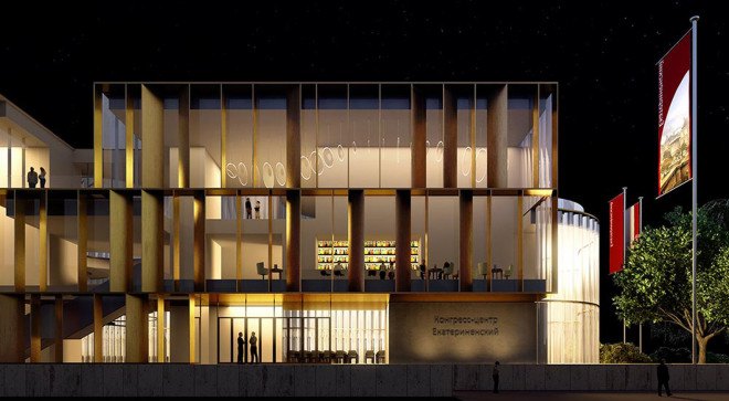 Piuarch, Ekaterinensky Congress Center, undulating facade, glass curtain, curtain walls, congress center, Russia, brise-soleil, cultural complex, conference hall, flexible interior, green architecture