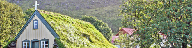 Hofskirkja church, turf church, island turf church, earth-bermed houses, earthen architecture, Icelandic turf churches, Iceland turf homes, green infused homes, green roof, sod-topped longhouses,