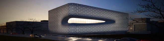 Punjab Kesari Headquarters by Studio Symbiosis, glass reinforced concrete facade, perforated Indian inspired facade, Punjab Kesari Headquarters