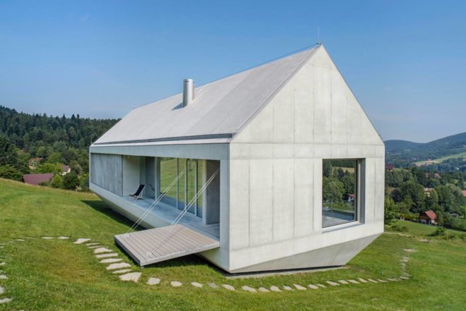 KWK Promes, concrete home, Poland, Robert Konieczny, Konieczny Ark, safe home, hllside home, lets rainwater flow,