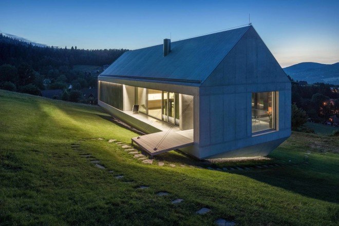 KWK Promes, concrete home, Poland, Robert Konieczny, Konieczny Ark, safe home, hllside home, lets rainwater flow,