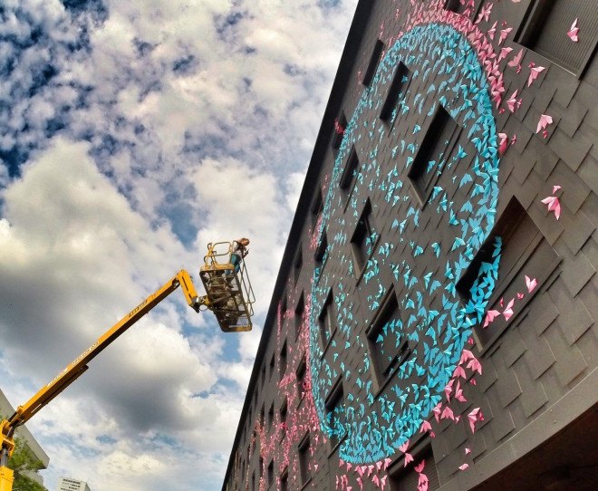 Lunar Cycles by Mademoiselle Maurice, origami street art, origami urban mural, urban mural in Paris, biggest urban mural in Paris, origami birds street art
