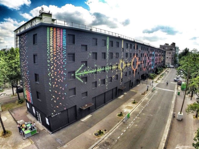 Lunar Cycles by Mademoiselle Maurice, origami street art, origami urban mural, urban mural in Paris, biggest urban mural in Paris, origami birds street art