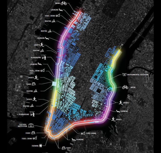 flood wall, storm protection, onenyc, bjarke ingels group, big, big u, big u storm protection system, lower manhattan, wall street, red hook, brooklyn, storm surges