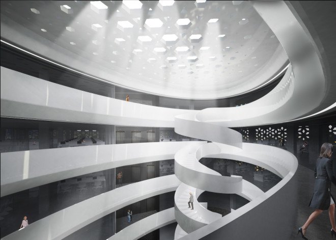 Punjab Kesari Headquarters by Studio Symbiosis, glass reinforced concrete facade, perforated Indian inspired facade, Punjab Kesari Headquarters